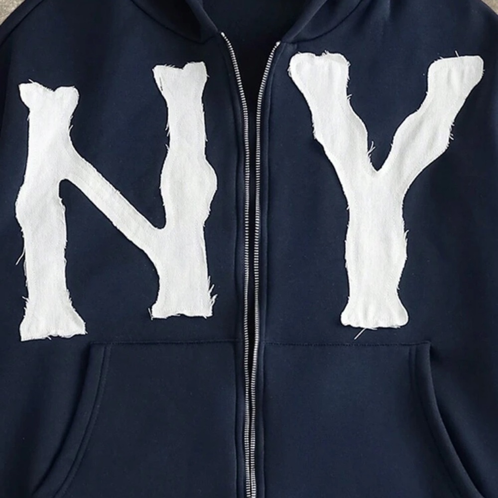 Navy Blue Zip-Up Sweater with White NY Design